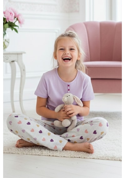 Siyah İnci Lila Desenli Pamuklu Bisiklet Yaka Örme Pijama Takım 26117097