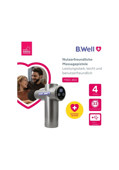 B.well Swiss Med-450 Masaj Tabancası, 33 Hız Seviyeli Elektrikli Kas Perküsyon Masajı, 4 Masaj Başlığı, 1.800 Mah Pil, Otomatik Kapanma Ve Usb-c Şarj Kablosu B.well Swiss Med-450 Masaj Tabancası, 33 Hız Seviyeli Elektrikli Kas Perküsyon Masajı, 4 Masaj Başlığı, 1.800 Mah Pil, Otomatik Kapanma Ve Usb-c Şarj Kablosu