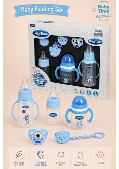 Babytime 5'li Bebek Beslenme Seti Mavi 0+ Ay 150 Ml Pp Biberon - Alıştırma Bardağı - Emzik ve Askısı Ak206 Bebe Mavi