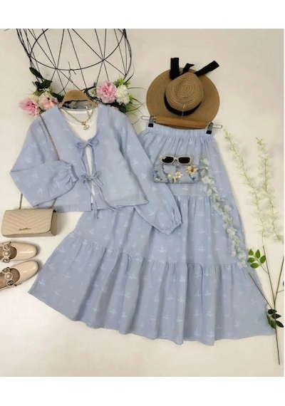 Lovie Moda Kadın Mini Desenli İkili Takım Mavi