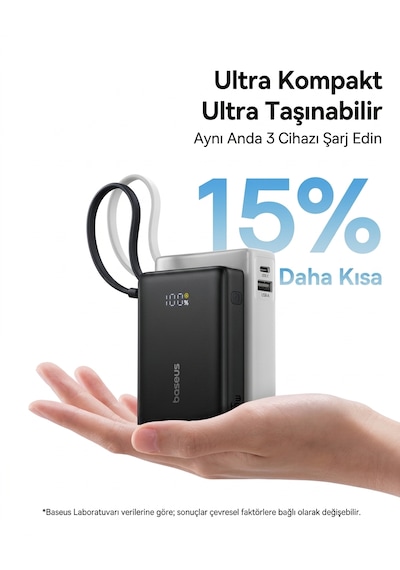 Baseus Picogo 10000mah 45w Dahili Kablolu Dijital Ekranlı Powerbank Beyaz