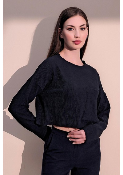 WeShaya Kadın Lacivert Kendinden Dokulu Cepli Crop Sweatshirt, Salaş Kesim Lacivert