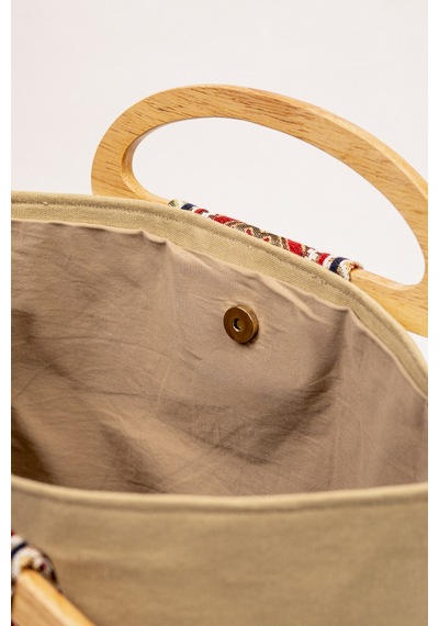 Fabric Craft Bag El Çantası Kahverengi Duck Kumaş Ahşap Saplı Kahverengi - Sütlü Kahverengi