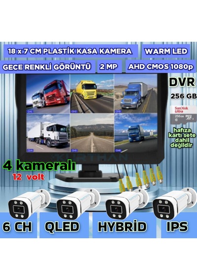 4 Adet Ahd 2 Mp Beyaz Warm Ledli Kamera 10'' Qled 6 Kanallı Monitör Seti 12 V 256 Gb