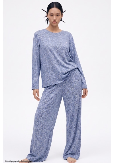Siyah İnci Leopar Baskılı Örme Pijama Takım 8078 Mavi Leopar