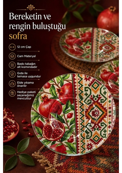 6 Lı Cam Çay Tabağı Nar Ve Kilim Desenli 12 Cm, 6 Adet Çay Tabak Kırmızı
