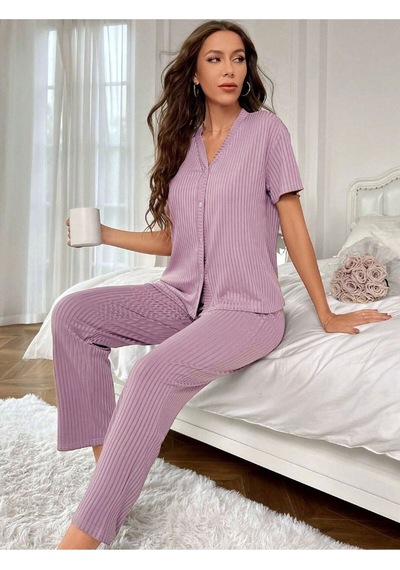 Bella Notte V Yaka Pamuklu Kısa Kollu Mevsimlik Pijama Takımı Mor