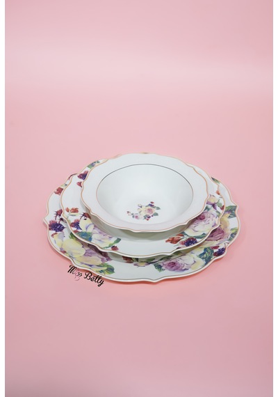 Rose Deluxe New Bone 24 Parça Yemek Takımı Sofra Sunum Seti Beyaz - Pembe