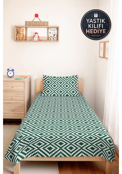 Yeşil Geometrik Genç Odası Tek Kişilik Pike Takımı - Modern Beyaz 160x220 Cm Kapitone Yatak Örtüsü Kavrulmuş Eşik Sarmalı