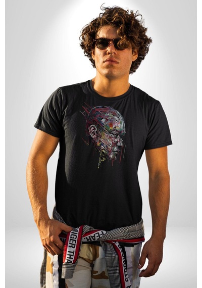 İnsan Kafası Sulu Boya Unisex Unisex Siyah Organik Baskılı T-shirt Penye Yüksek Kalite Siyah