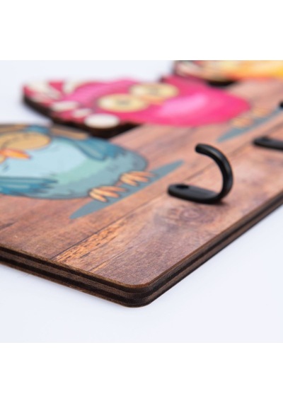 Deepcraft Çocuk Odası Duvar Askılığı 4 Askılı Montessori Doğal Ahşap Uv Baskılı Baykuşlar Kahve