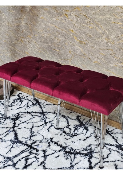 Zafir Metal Krom Tel Ayaklı 100 Cm Puf Bench - Puf - Bench - Oturak - Mutfak Oturağı - Antre Oturağı Bordo