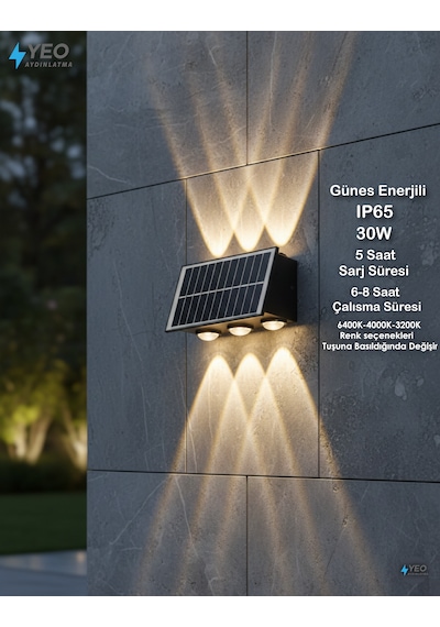 30 Watt Güneş Enerjili Duvar Aplik Siyah Renkli