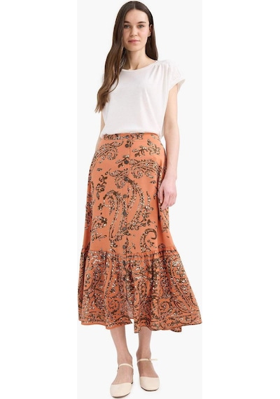 DeFacto Regular Fit Esnek Belli Desenli Midi Etek F1158AX25SMOG327 Turuncu
