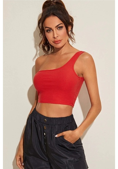 Ang Butik Kadın Kırmızı Tek Omuz Crop Büstiyer