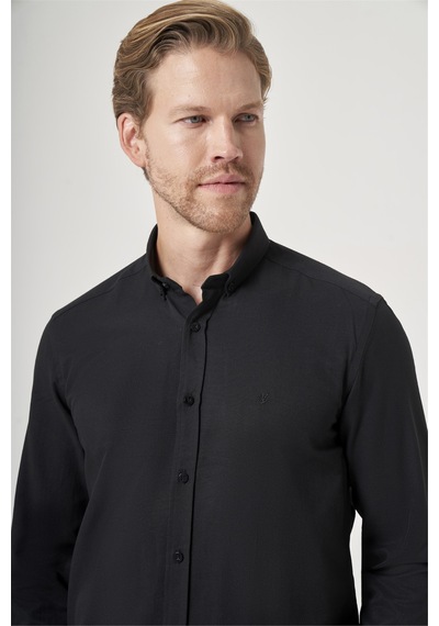 İmza Siyah Düğmeli Yaka Oxford Slim Fit Pamuklu Gömlek 1004265284