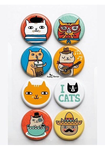 8'li Set-8 Kedi Temalı Rozet Seti Sevimli Renkli Cat Desenli Kawaii Broş Pin Çok Renkli