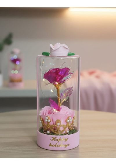 Işıklı Güllü Özel Cam Fanus Sevgililer Günü Hediyesi Sevgiliye Hediye 19 Cm Pembe