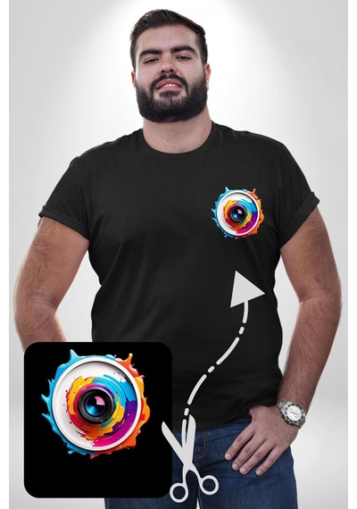 Angemiel Fotoğraf Makinesi Camera Lens Siyah Büyük Beden Kadın Basic Minimal Baskılı Tişört Siyah