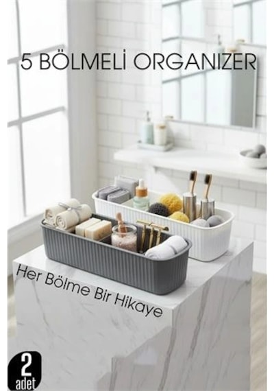 5 Bölmeli Banyo Ve Makyaj Organizer Kutusu Gri & Beyaz 2 Li Set Tezgah Üstü Düzenleyici