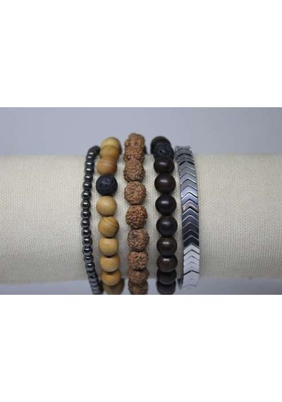 Hematit Doğal Taşlı & Ahşap Boncuklu Erkek Bileklik 5'Li Set (539694538)