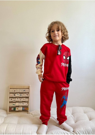Jolly Kids Erkek Çocuk Karakter Baskılı Blok Renkli Sweatshirt Takım Kırmızı