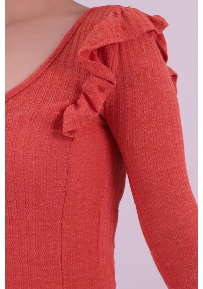 Armonika Kadın Nar Çiçeği V Yaka Fırfır Detaylı Yumuşak Dokulu Bluz Arm-26k001045