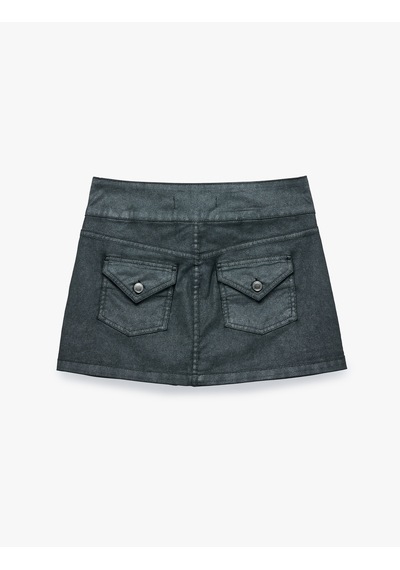 Koton Normal Bel Düğme Detaylı Cepli Pamuklu Denim Mini Şort Etek Siyah 7wal70031md