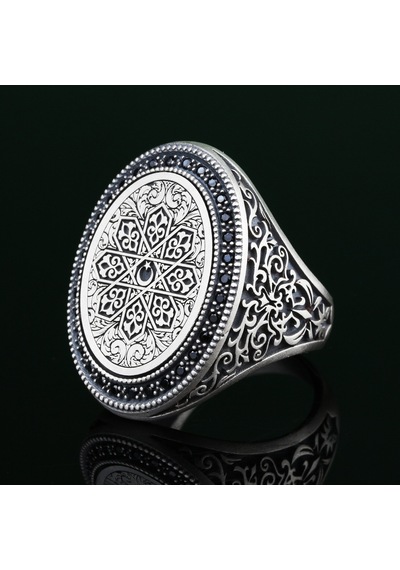 925 Ayar Gümüş Ay Yıldız Motifli Kalem İşlemeli Erkek Yüzük Silver