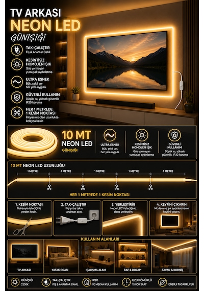 Noas 10 Metre 220volt Tak Çalıştır Gün Işığı Yüksek Performanslı 3200k Neon Led Fişli Trafo Gerektirmez Esnek Led Montaj Aparatı Dahil Günışığı 3000-3200K