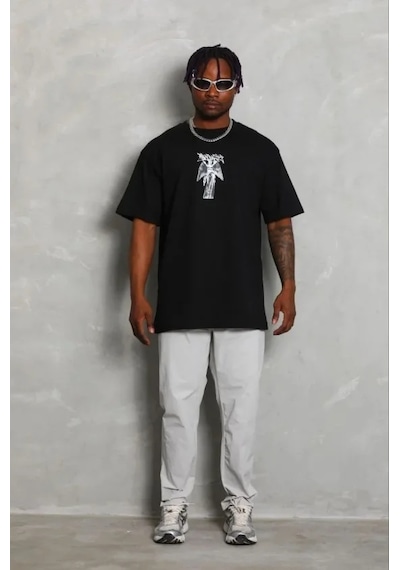 Modi Erkek Baskılı T-shirt Kısa Kol Bisiklet Yaka Regular Fit Rahat Kalıp Günlük Tişört - Siyah - Mymg185485