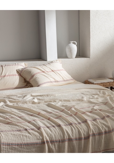 Madame Coco Breville Tek Kişilik Müslin İpliği Boyalı Lastikli Nevresim Takımı - Ekru/lacivert 8684427207475 Çok Renkli
