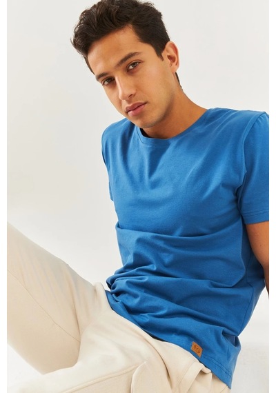 Erkek Oversize Rahat %100 Pamuklu Penye Bisiklet Yaka Kısa Kol Basic T-shirt Classic Collection Mavi