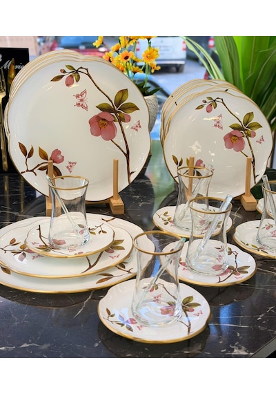 30 Parça Sakura Servis Pasta Çay Takımı Gold-5268 Beyaz