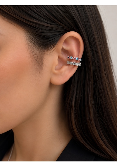 Gümüş Kaplama Nazar Boncuklu Taşlı Earcuff Küpe Gold Kaplama Kıkırdak Küpe Gümüş - Mavi