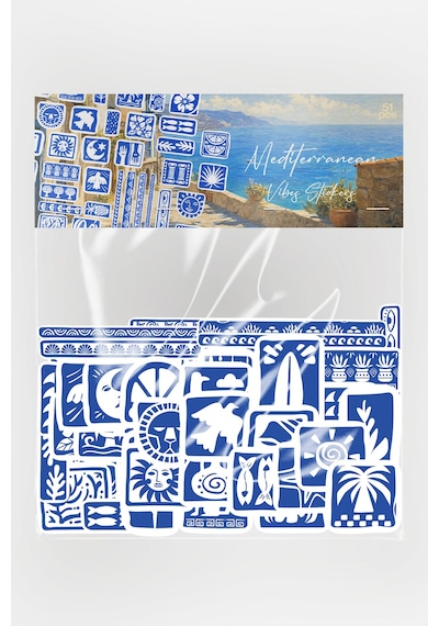 Akdeniz Esintisi Mavi Beyaz Motifli 51 Parça Sticker Paketi Suya Dayanıklı Ajanda Laptop Termos Telefon Etiket Seti