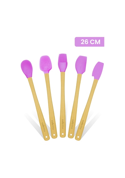 Valletta Indigo 5'li Pembe Bambu Silikon Spatula Seti Uzun 26 Cm