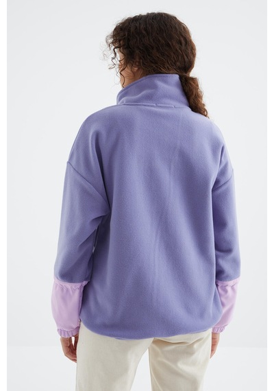 Tommy Life Açık Eflatun Etek Ucu Büzgülü Yarım Fermuarlı Oversize Kadın Polar Sweatshirt - 97238 Eflatun