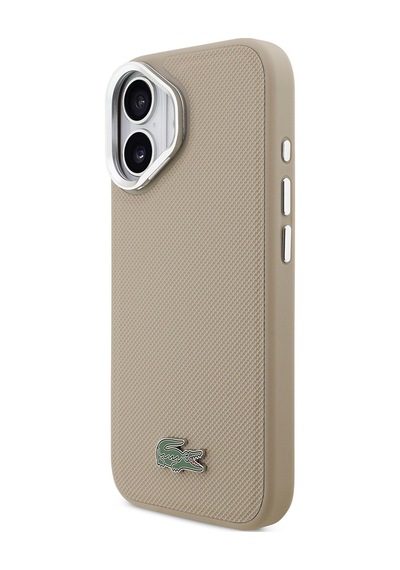 Apple Uyumlu iPhone 17  Kılıf Lacoste Lisanslı M-safeli Pu Pike Desenli Standlı Metal Logolu Kapak Bej Bej