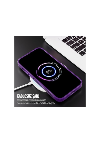 iPhone Uyumlu 14 Plus / 15 Plus Kamera Koruma Stantlı Magsafe Destekli Lens Koruyucu Telefon Kılıfı Mor