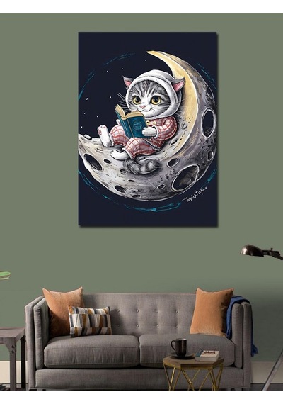 Kanvas Tablo Ay Üzerinde Kitap Okuyan Kedi 100cmx140cm