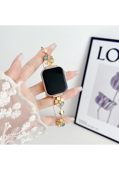 Apple Uyumlu  Watch Seri 4 5 6 7 8 9 10 42-38-40-41mm Çiçekli Ve Kalp Zincir Detaylı Bileklik Tasarım Kordon