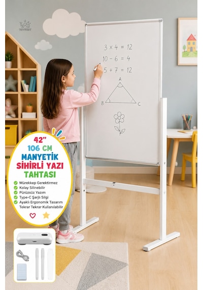 Manyetik Sihirli Yazı Tahtası Ayaklı Silinebilir Yazı Çizim Panosu Type-c Şarjlı 106 Cm Beyaz