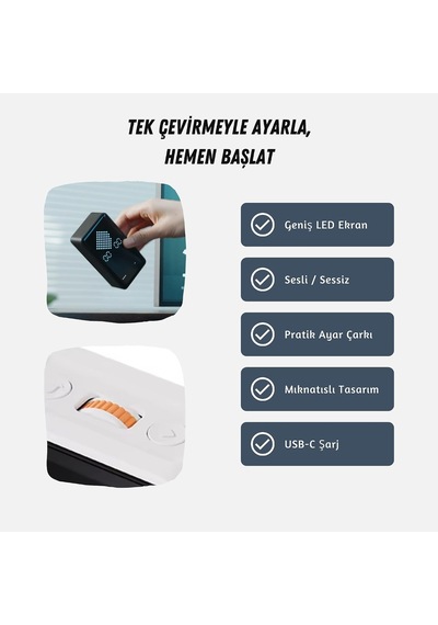 Gt-3 Dijital Kum Saati Pomodoro Zamanlayıcı 1-99 Dk, Led Ekran, Çevir Başlat Yerçekimi Sensörü, Mıknatıslı, Usb-c Şarjlı, Sessiz Ve Alarmlı Mod Beyaz