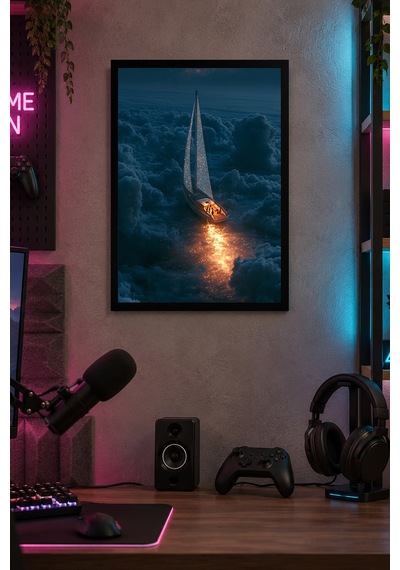 Gece Denizi Ve Yelkenli Desenli Dekoratif Mdf Tablo, Çerçeve Görünümlü Ahşap Poster