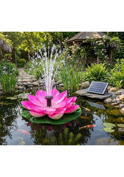 Pembe Lotus Çiçekli Güneş Enerjili Fışkırtmalı Su Fıskiyesi Bahçe Gölet Havuz Dekoratif Farklı Başlıklı Fıskiye