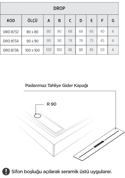 Shower 100x100 Drop Kare Monoblok Duş Teknesi H:8 Cm