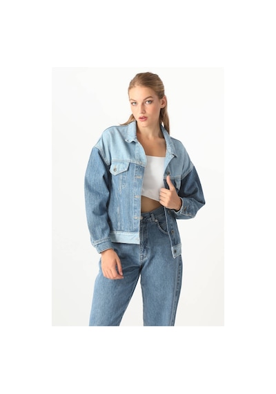 Kadın Renk Bloklu Oversize Jean Ceket Mavi 001