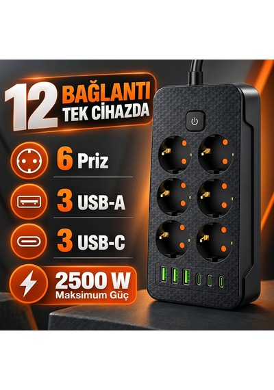 2500w 6'lı Grup Priz 6 Usb Girişli 3 Type-c + 3 Usb-a Açma Kapama Anahtarlı Çoklu Priz Çoğaltıcı