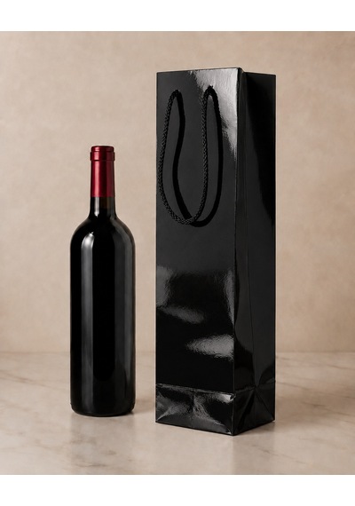 Şişelik İpli Siyah Karton Poşet, 1 Adet - 12x10x38 Cm, Kalın Yapı